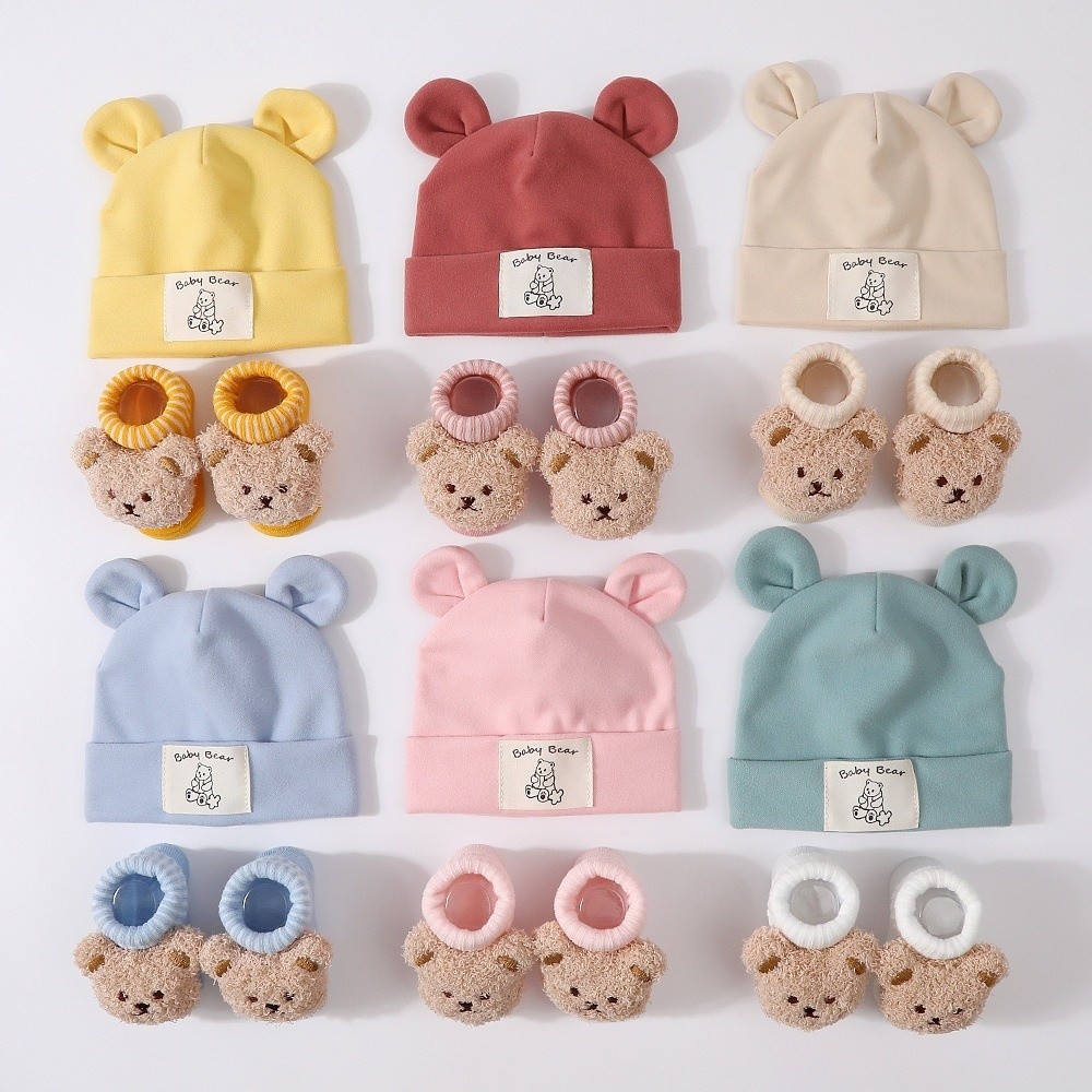 2Pcs/Set Cotton Baby Hat Socks - Infant Beanie Hat With Ears 评论和价格