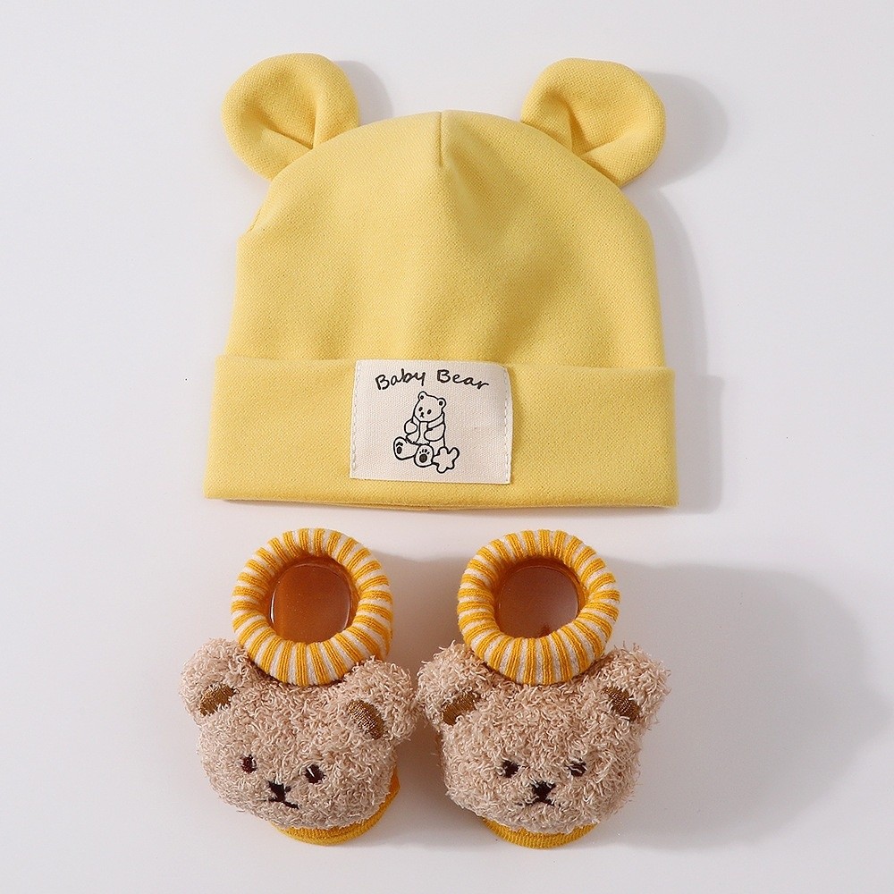 2Pcs/Set Cotton Baby Hat Socks - Infant Beanie Hat With Ears 评论和价格