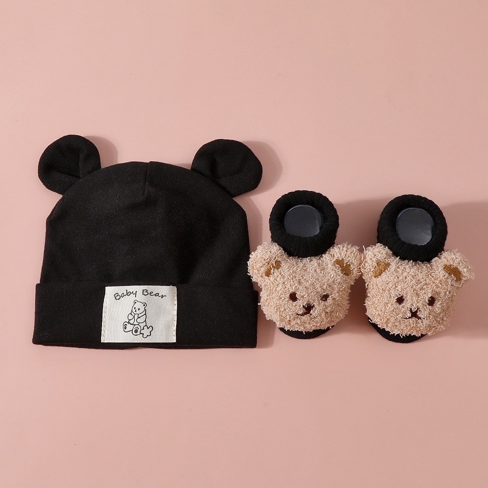 2Pcs/Set Cotton Baby Hat Socks - Infant Beanie Hat With Ears 评论和价格